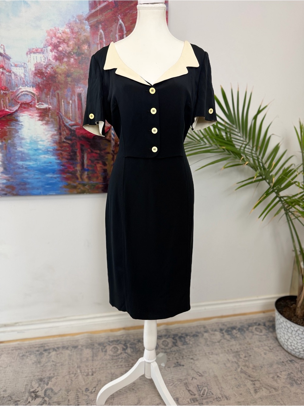 Vintage MARGON Italy Black Ivory Silk Blend Tuxedo Pencil Midi Dress